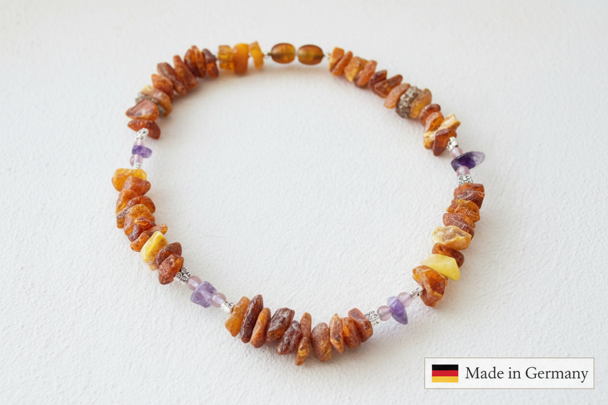 Amberdog® Bernsteinkette mit Amethyst & Rosenquarz 32cm