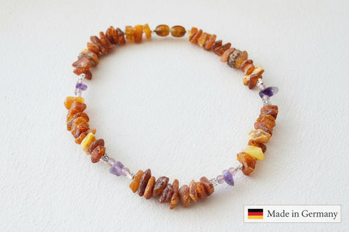Amberdog® Bernsteinkette mit Amethyst & Rosenquarz 32cm