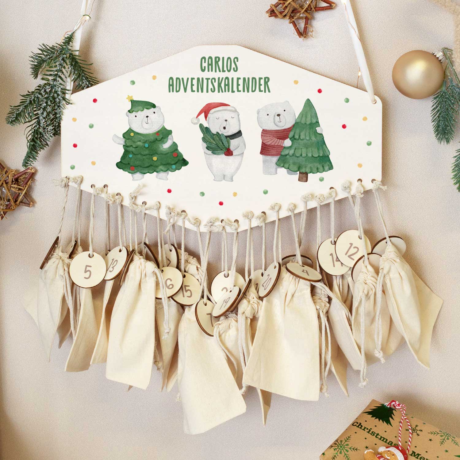 Personalisierter Adventskalender aus Holz mit Druckmotiv & Namen - Eisbären