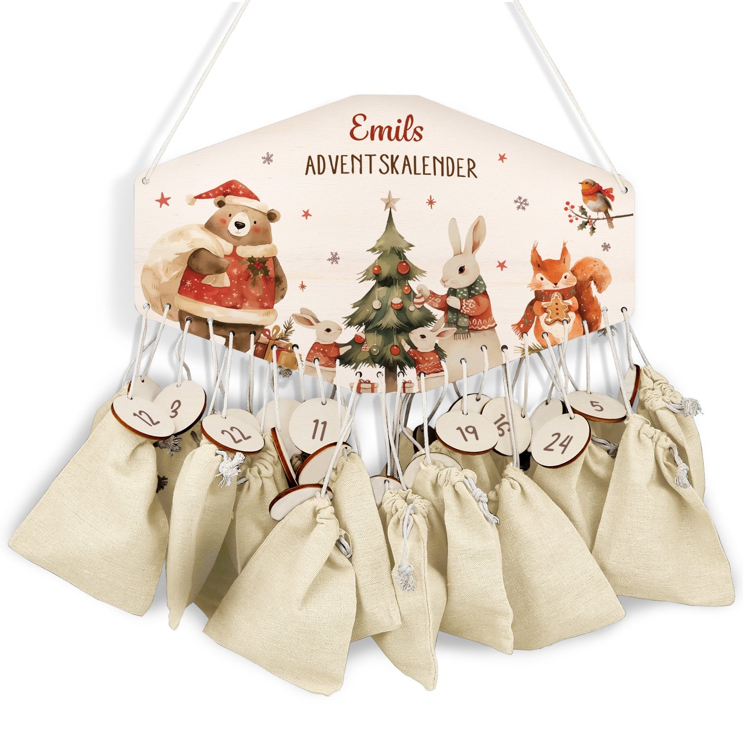 Personalisierter Adventskalender aus Holz mit Druckmotiv & Namen - Pullovertiere
