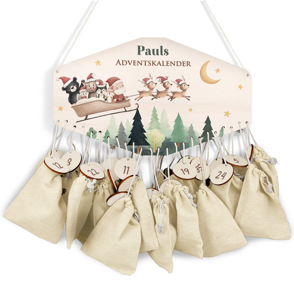 Personalisierter Adventskalender aus Holz mit Druckmotiv & Namen - Schlitten