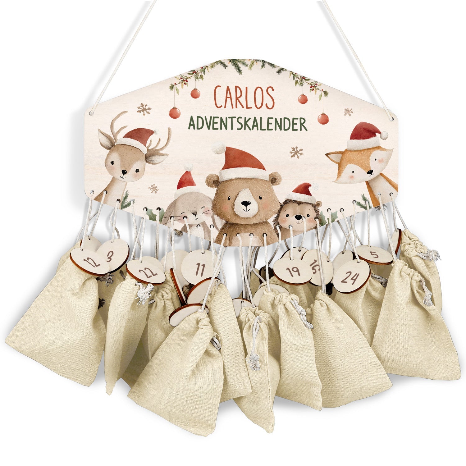 Personalisierter Adventskalender aus Holz mit Druckmotiv & Namen - Weihnachtsgruppe