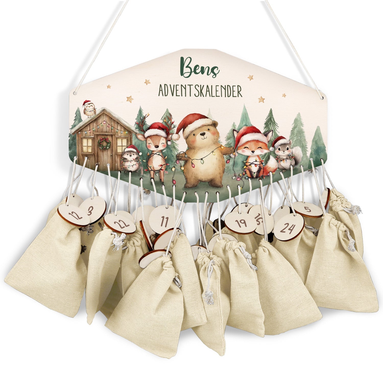 Personalisierter Adventskalender aus Holz mit Druckmotiv & Namen - Winterhütte