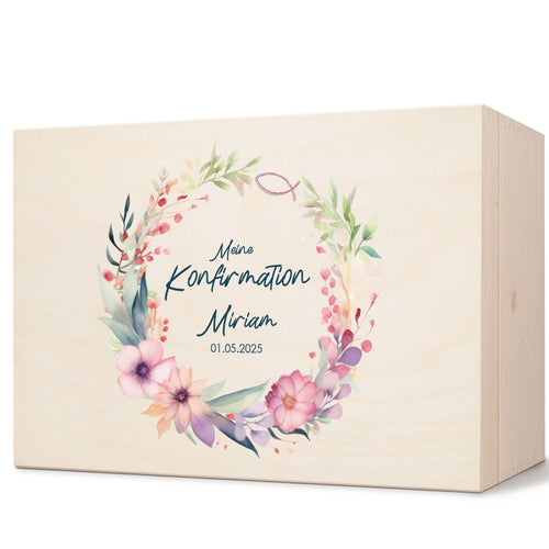 Bedruckte Erinnerungskiste zur Kommunion & Konfirmation - Blumenkranz