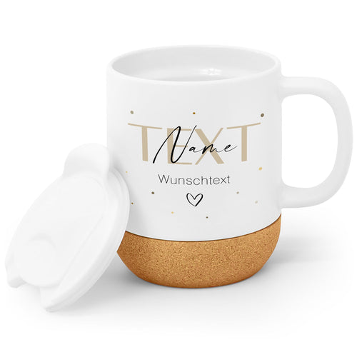 Bedruckte Tasse mit Korksockel & Deckel - Wunschtext V2
