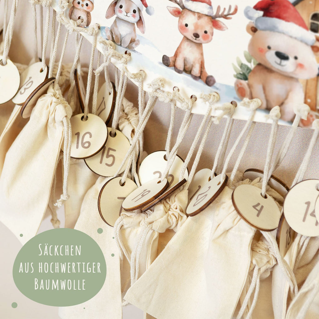 Personalisierter Adventskalender aus Holz mit Druckmotiv & Namen - Schneetiere