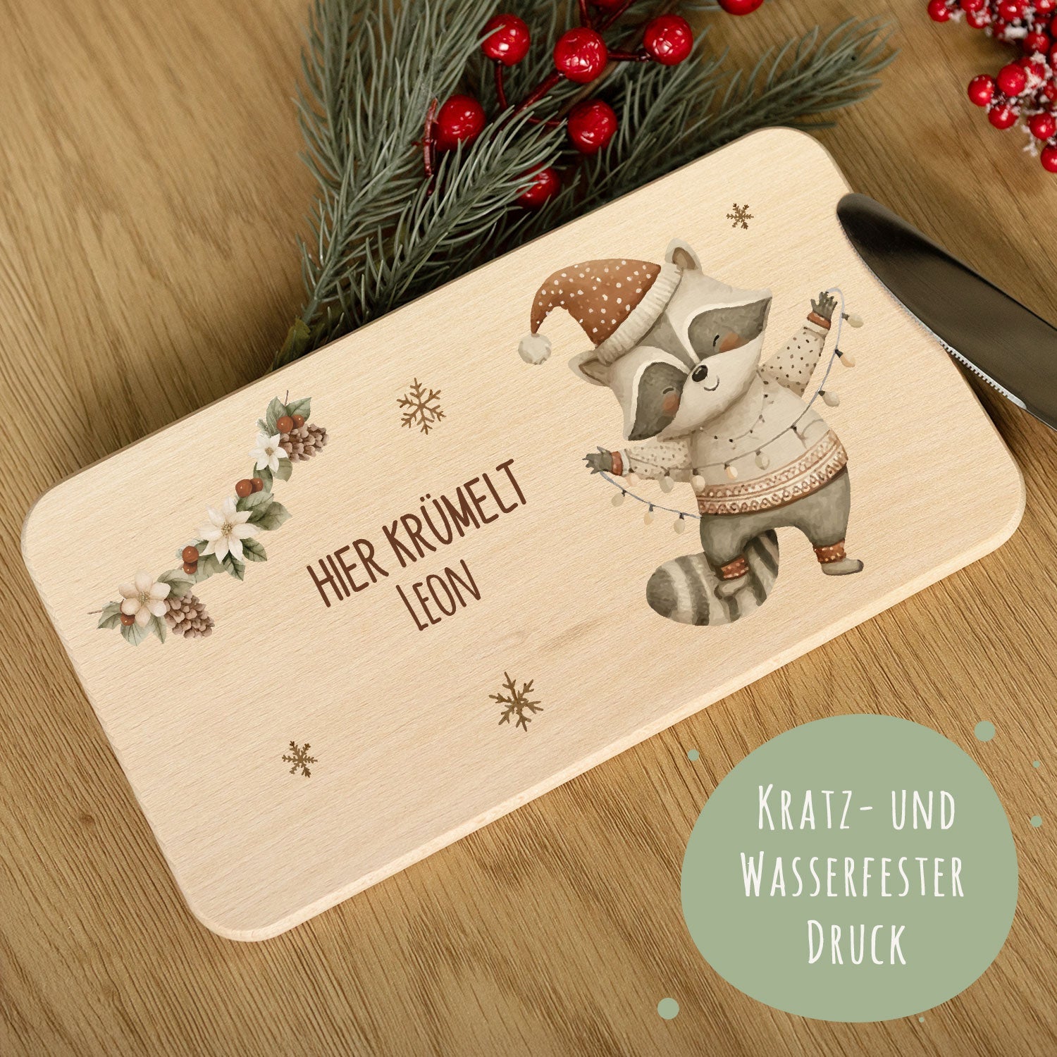Frühstücksbrettchen zu Weihnachten - Waschbär - personalisiert mit Name