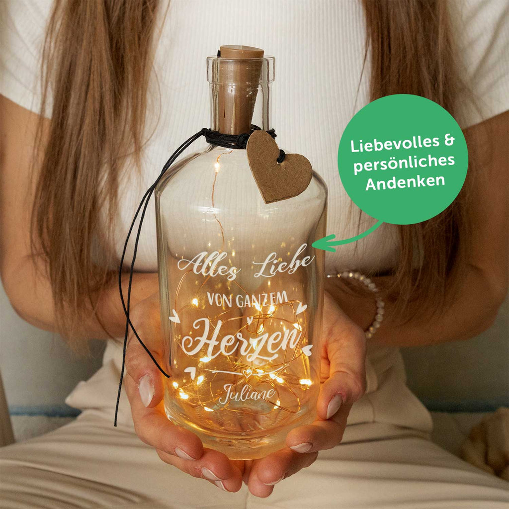 Flaschenlicht mit LED-Lichterkette und Gravur "Alles Liebe von ganzem Herzen"