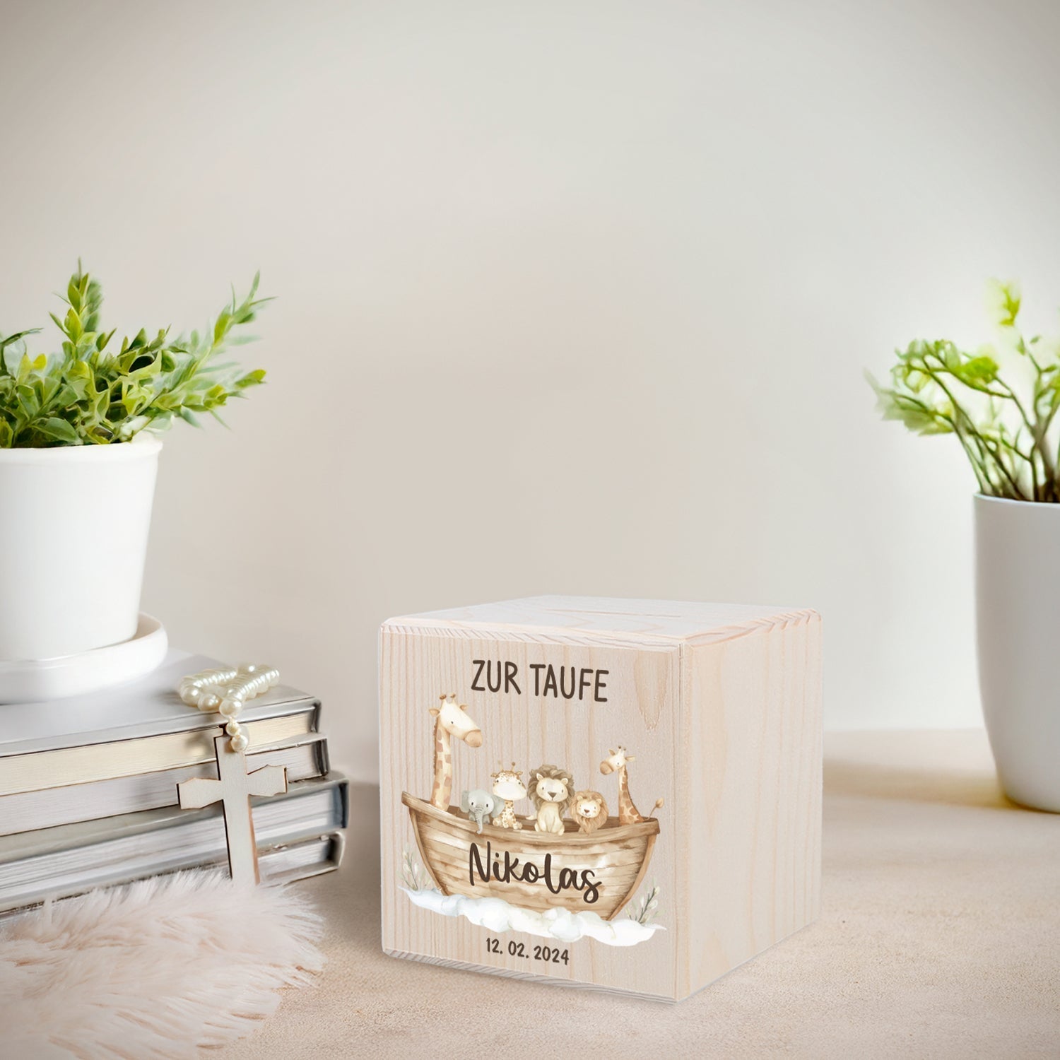 Spardose aus Holz zur Taufe - Arche