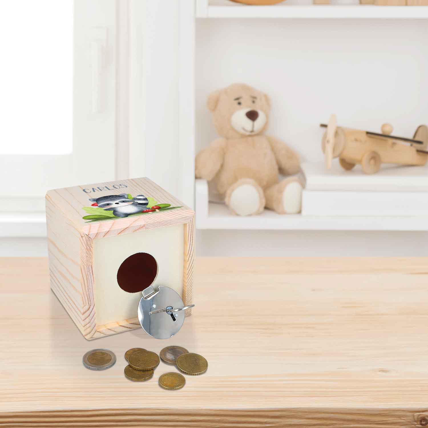 Spardose aus Holz - Waldtiere