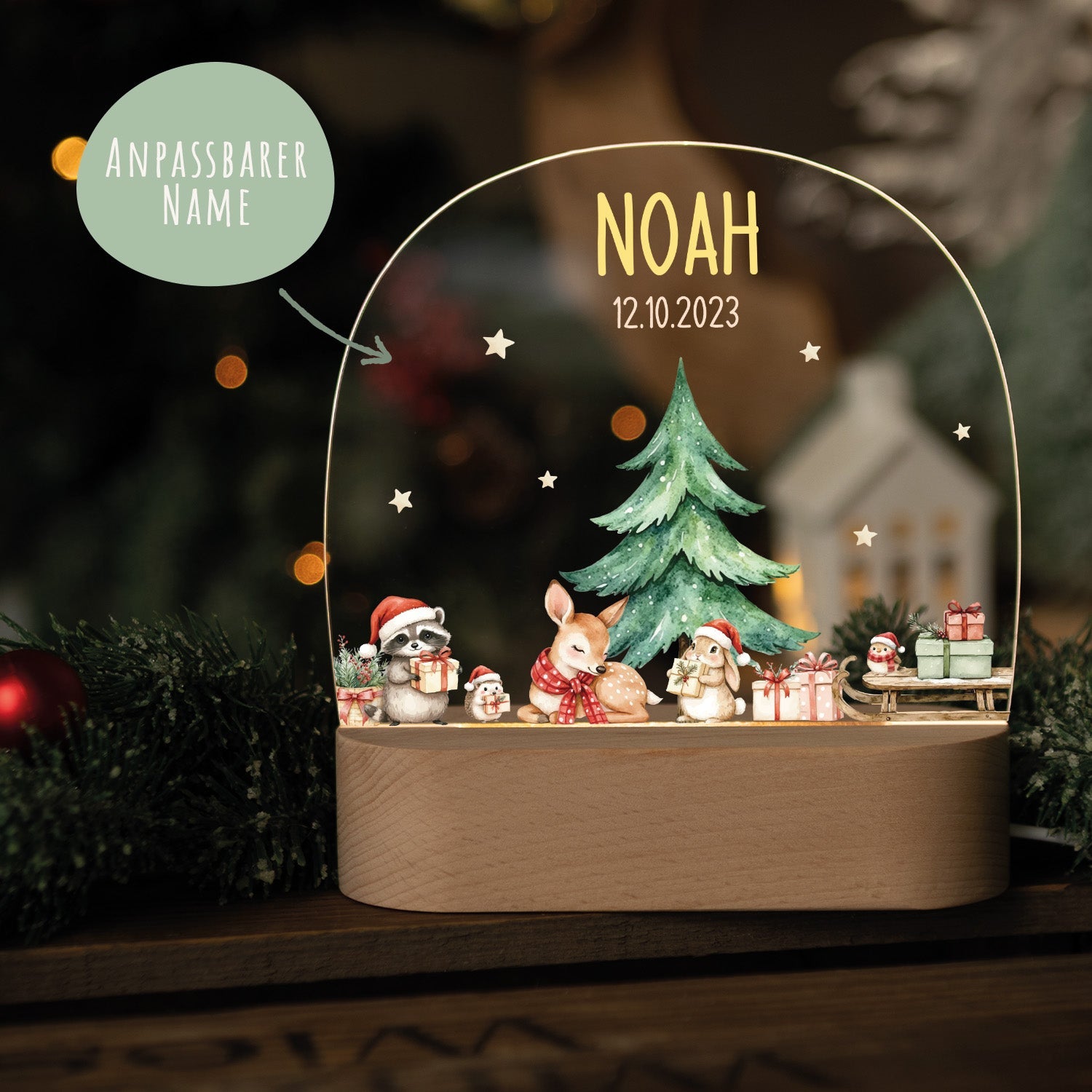 Kinder LED Nachtlicht mit Sockel aus Holz - "Geschenktiere"