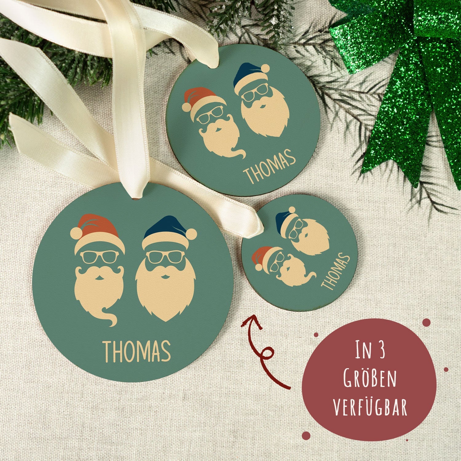 Christbaumschmuck aus Holz - Cool Santa - Weihnachtsanhänger mit Namen