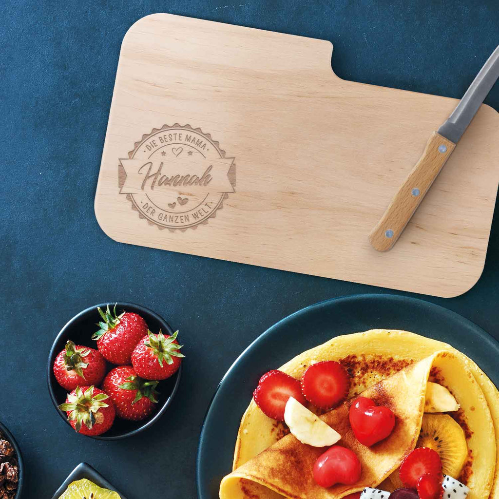Frühstücksbrettchen mit Gravur - Inklusive Messer - Beste Mama Logo mit Name