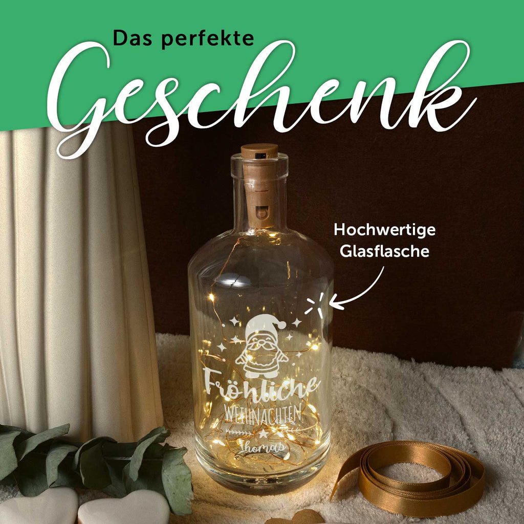 Flaschenlicht mit LED-Lichterkette im Fröhliche Weihnachten Santa Design - Personalisiert mit Namen