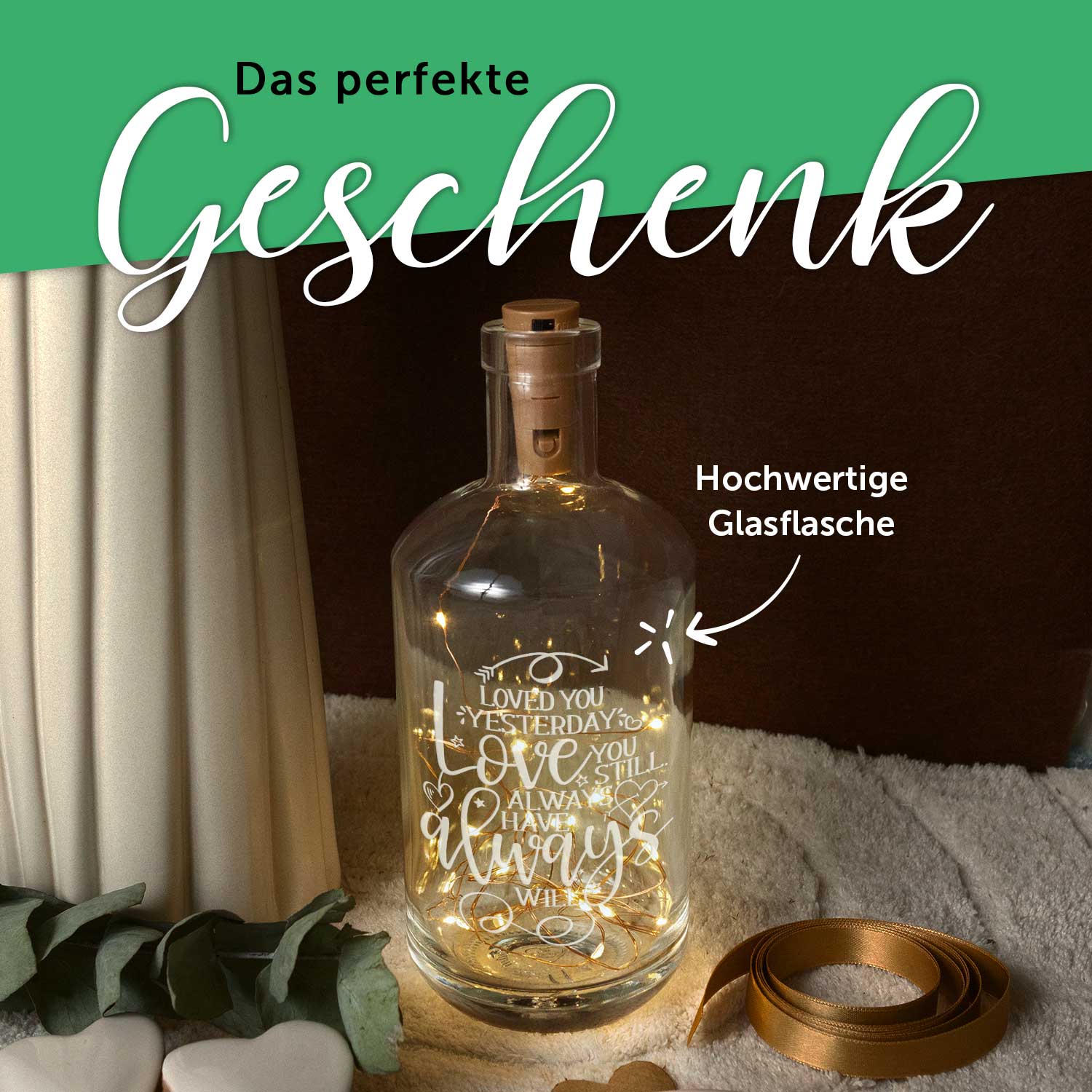 Flaschenlicht mit LED-Lichterkette und Gravur "Love you always"