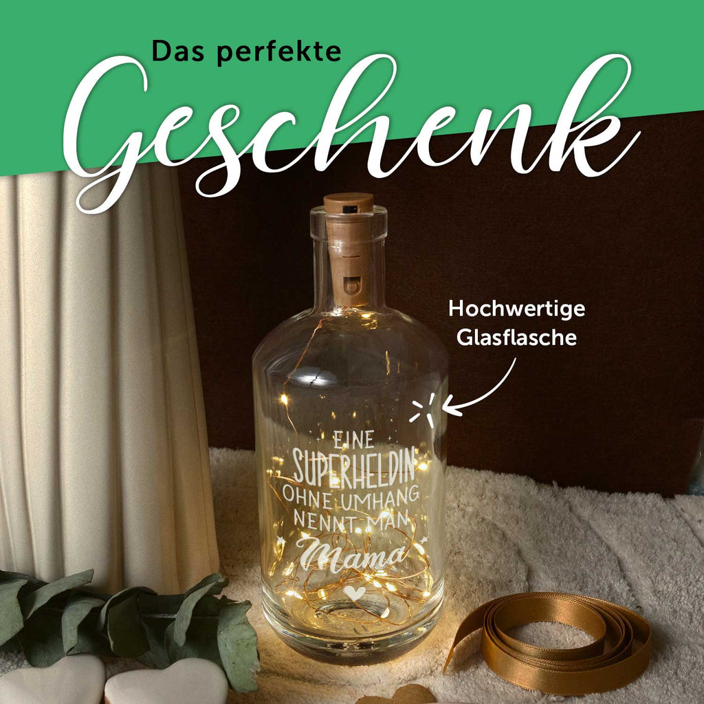 Flaschenlicht mit LED-Lichterkette und Gravur "Superheldin Mama"