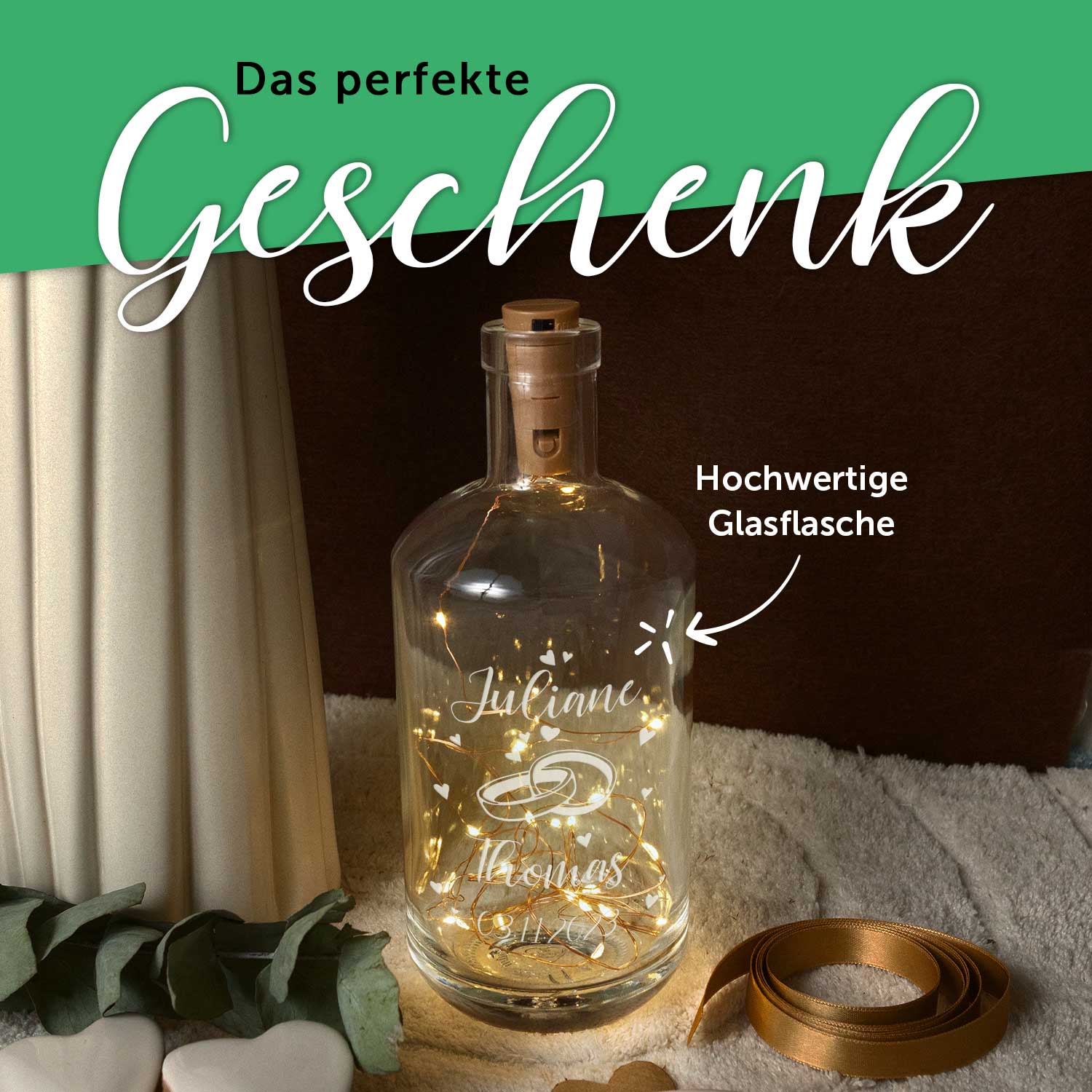 Flaschenlicht mit LED-Lichterkette und Gravur "Wedding"