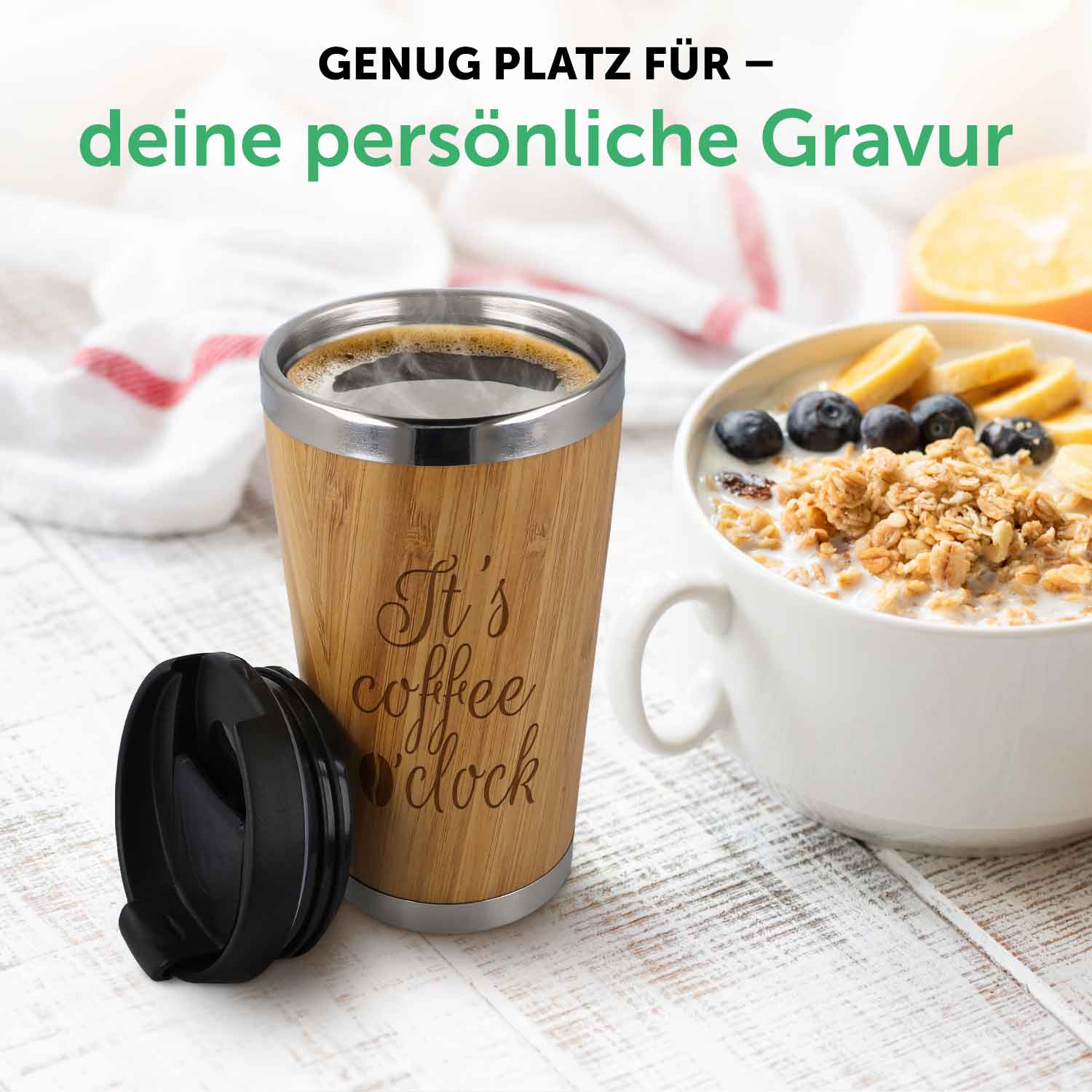 Kaffeebecher aus Bambus mit Gravur - verschiedene Motive