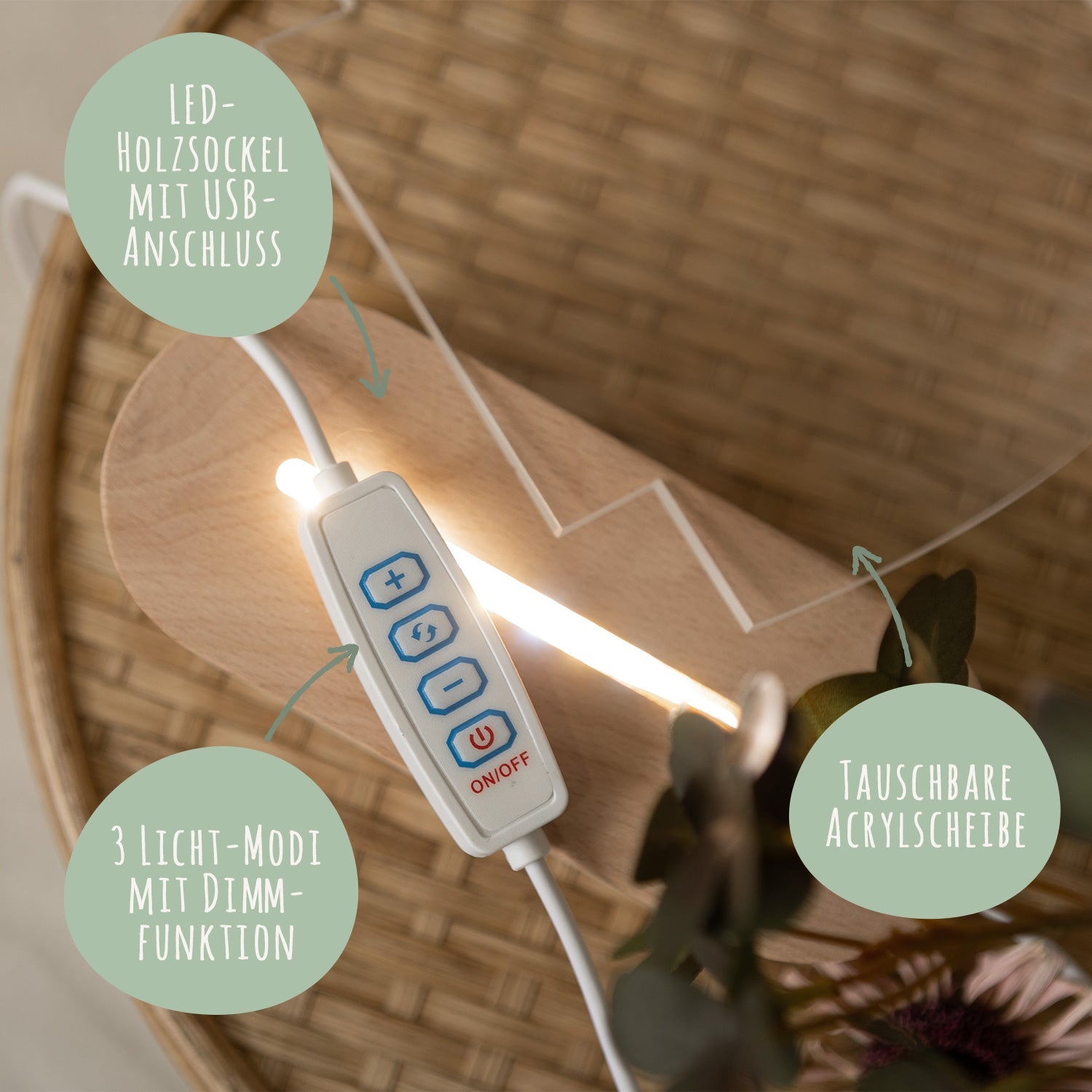 Kinder LED Nachtlicht mit Sockel aus Holz - "Geschenktiere"