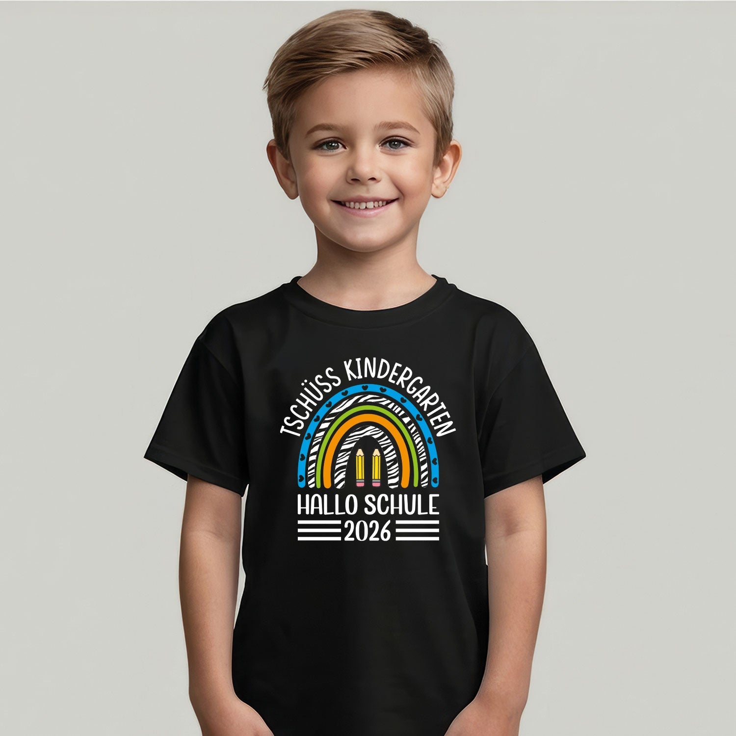Bedrucktes T-Shirt für Kinder - Tschüss Kindergarten Regenbogen Lila