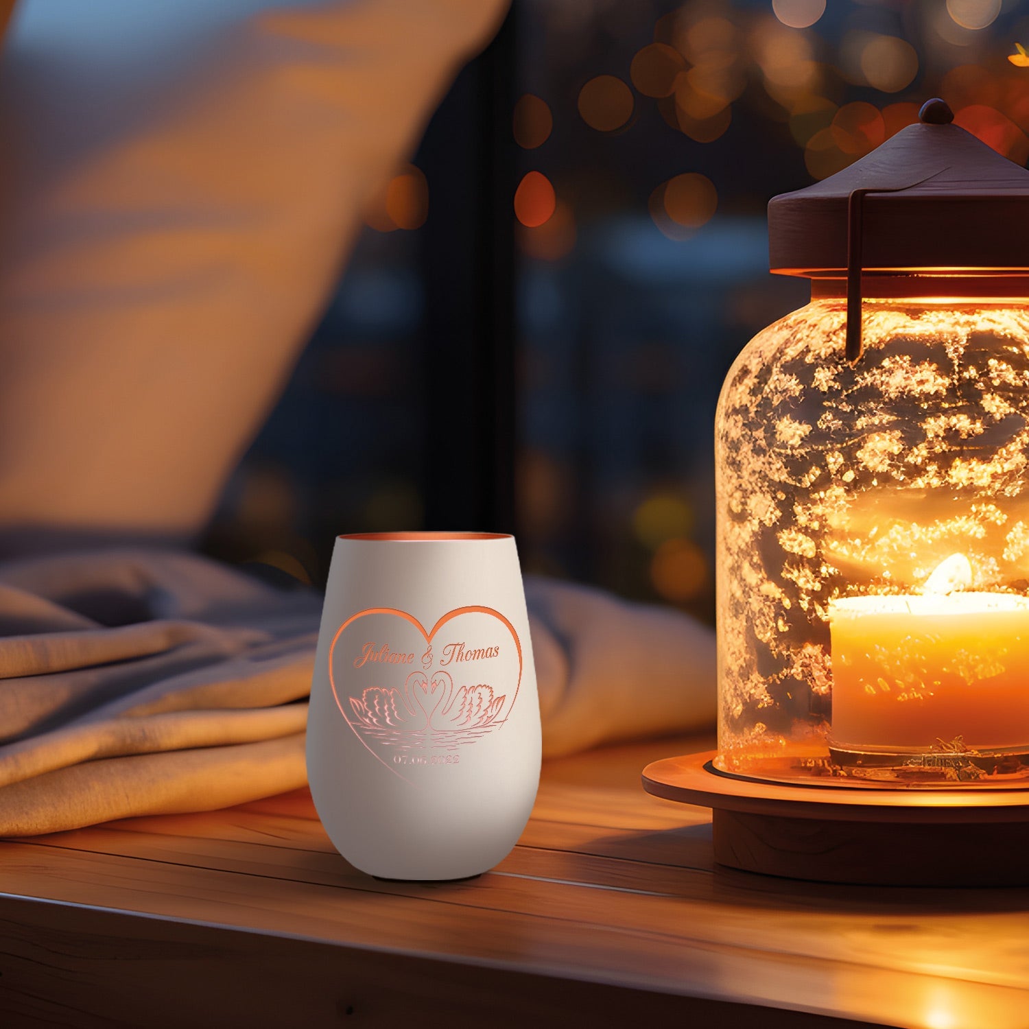 Deko Windlicht aus Glas mit Gravur - Schwanenherz - Personalisiert mit Namen & Datum