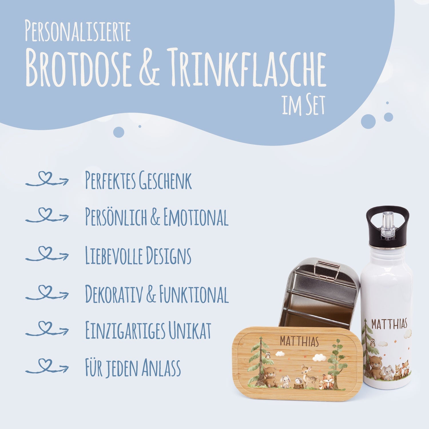 Bedruckte Brotdose & Trinkflasche im Set - Waldfreunde