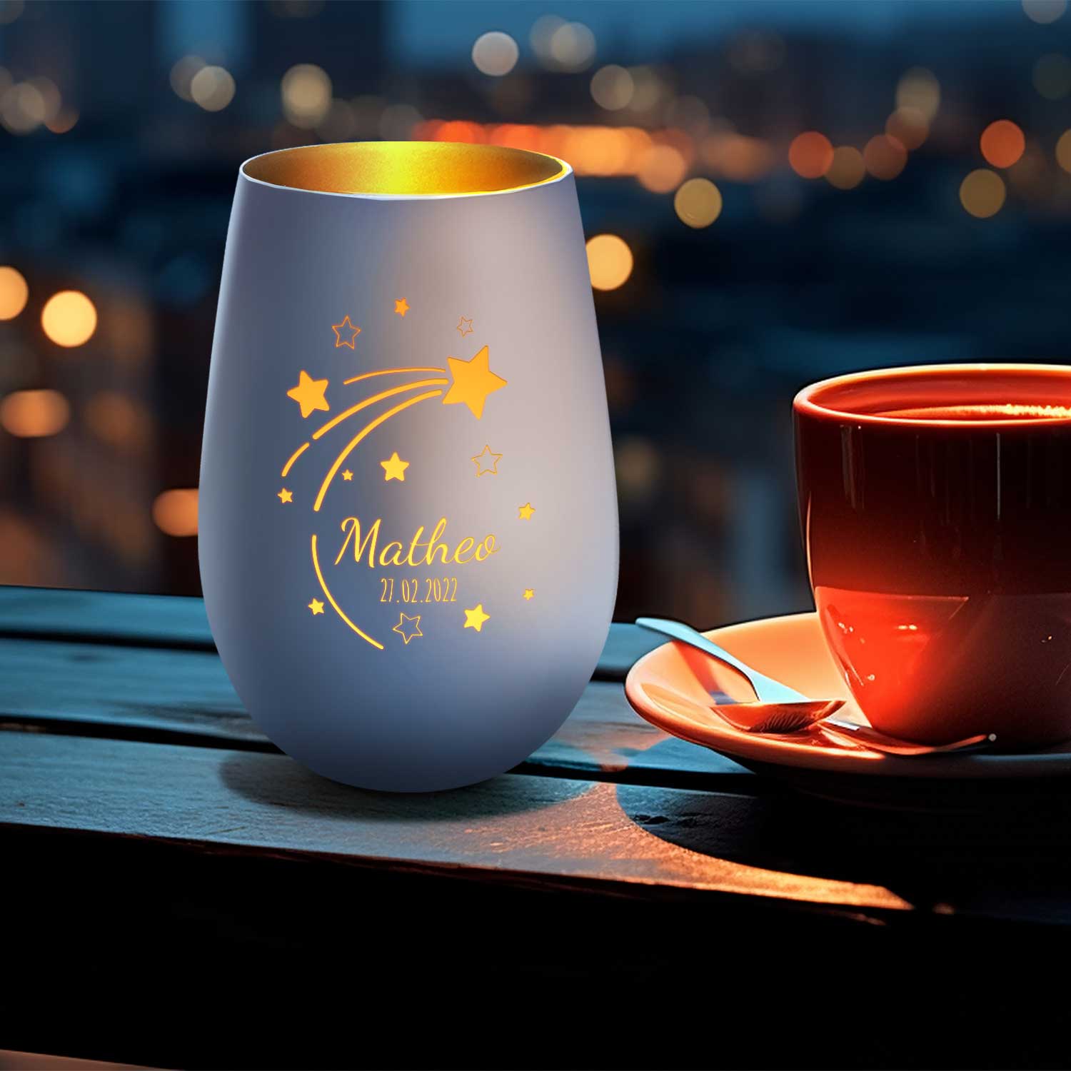 Deko Windlicht aus Glas mit Gravur - Sternschnuppe - Personalisiert mit Namen & Datum