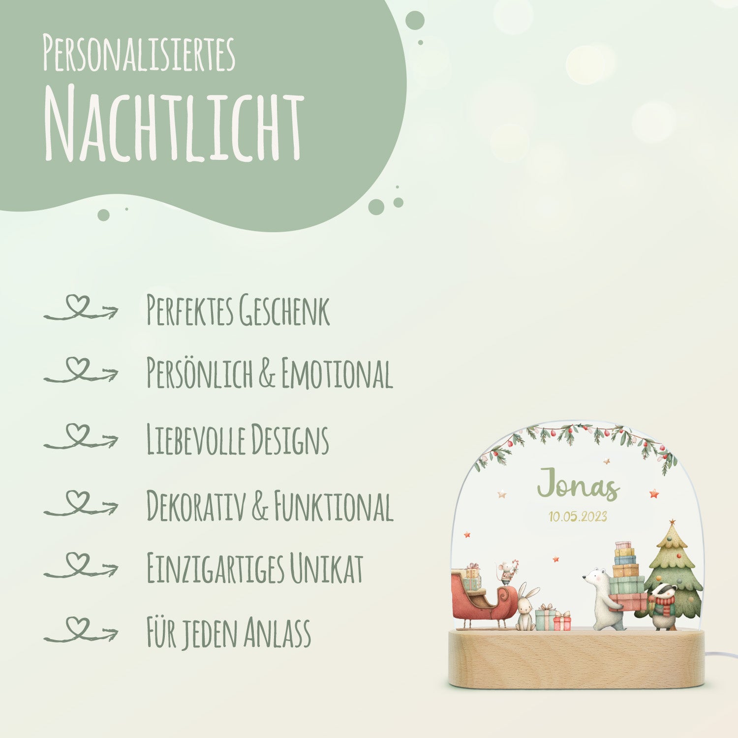 Kinder LED Nachtlicht mit Sockel aus Holz - "Eisbär Schlitten"