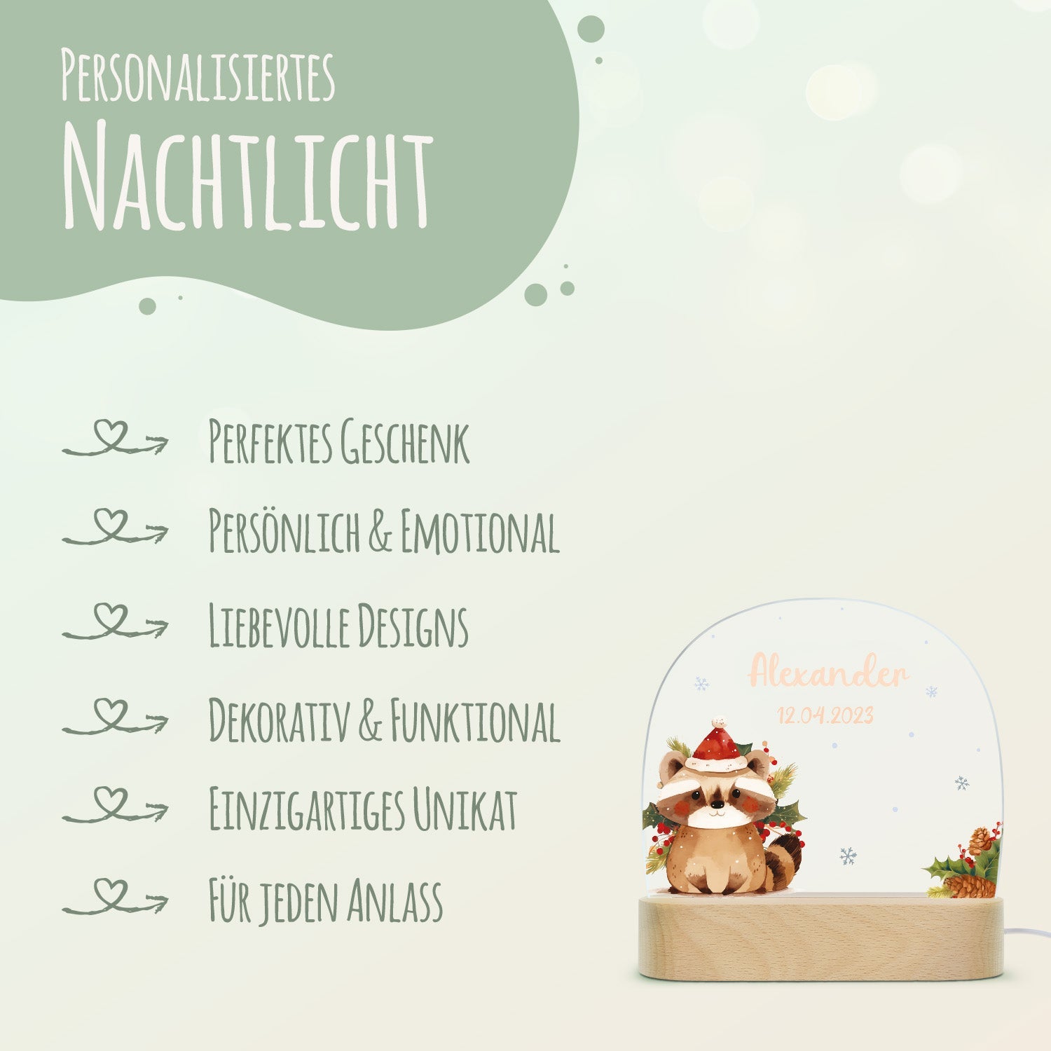 Kinder LED Nachtlicht mit Sockel aus Holz - "Weihnachtstiere"