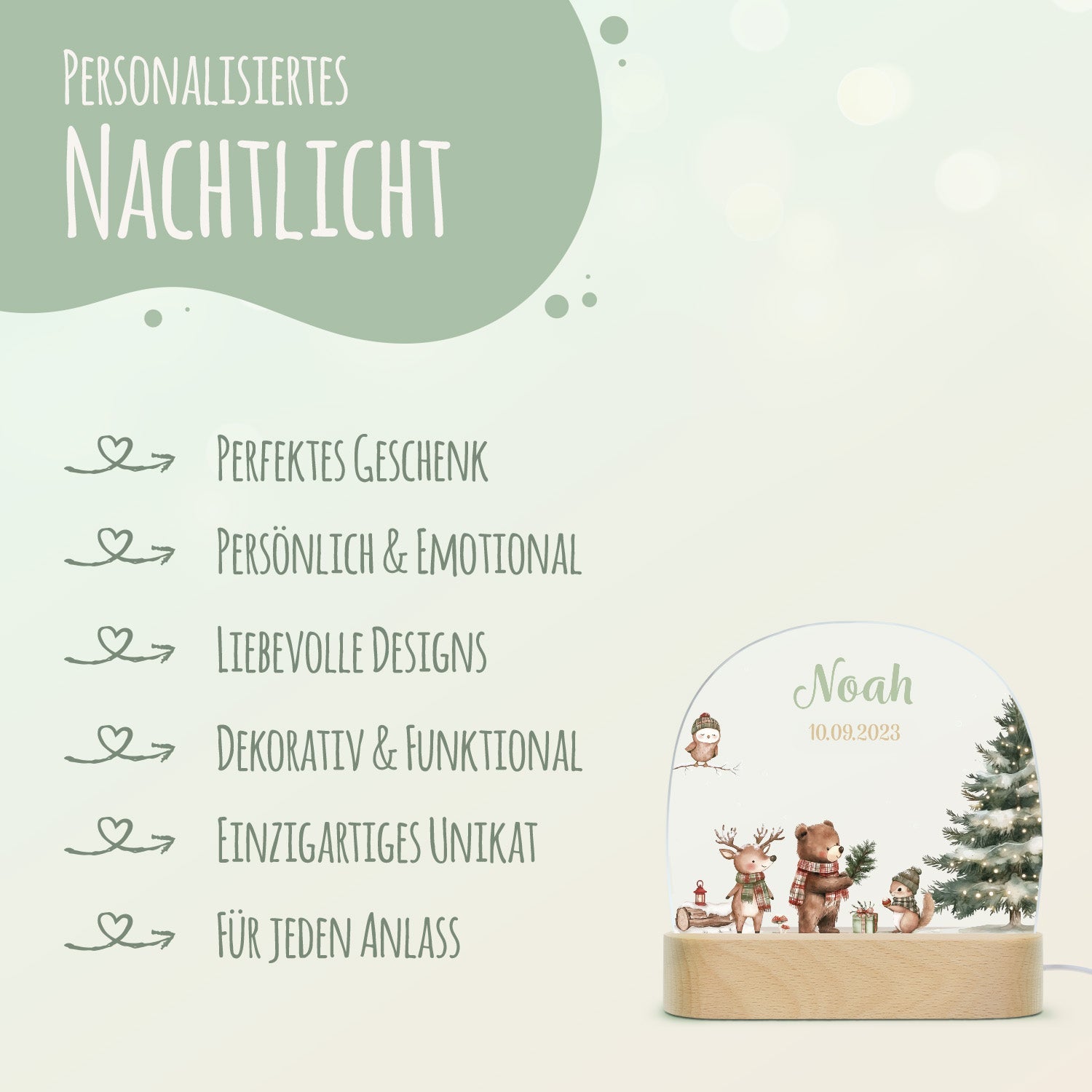 Kinder LED Nachtlicht mit Sockel aus Holz - "Weihnachtswald"