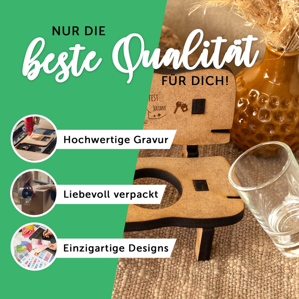 Gravierte Schnapsbank zum Richtfest mit Namen & Datum + 2 Schnapsgläser