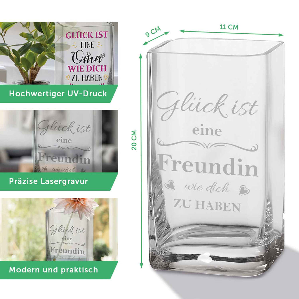 Blumenvase mit Gravur - Glück ist eine Freundin - Deko Vase als Geschenk