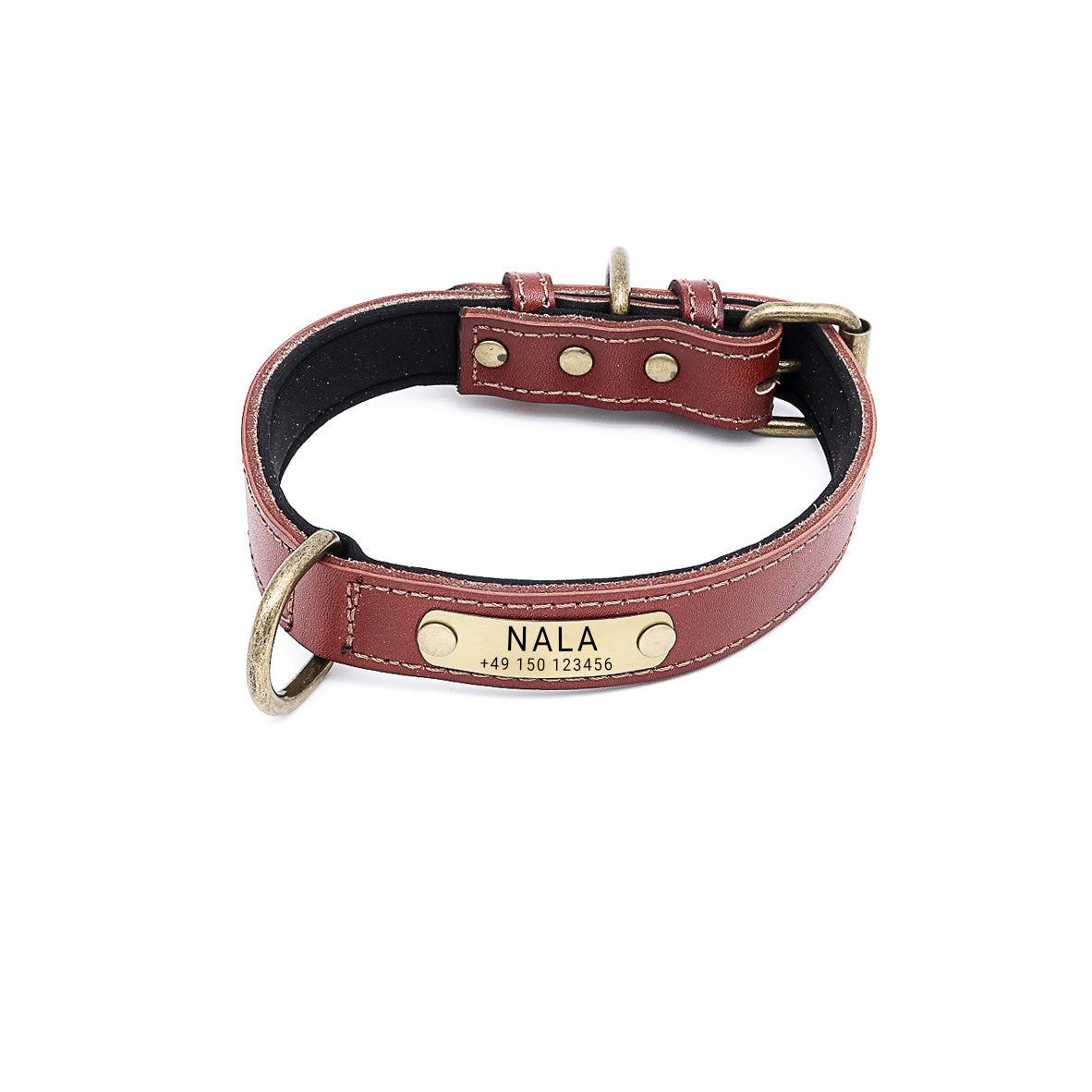 Hundehalsband mit Namen auf Messingschild aus hochwertigem Leder, Innenpolsterung aus Neopren, 2 massive D-Ringe