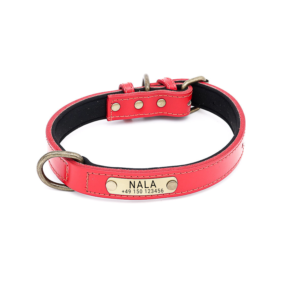 Hundehalsband mit Namen auf Messingschild aus hochwertigem Leder, Innenpolsterung aus Neopren, 2 massive D-Ringe