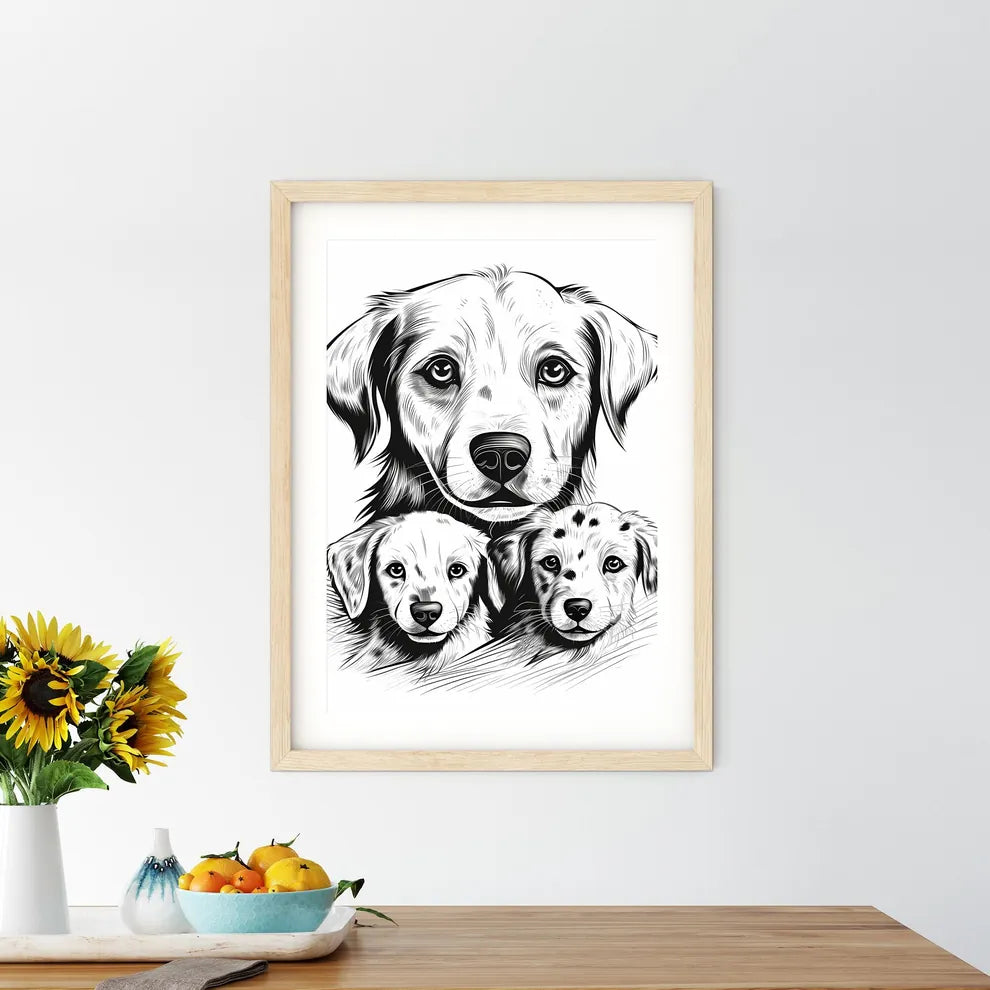 Dog And Puppies Drawing Art Print