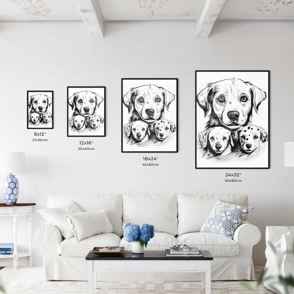 Dog And Puppies Drawing Art Print