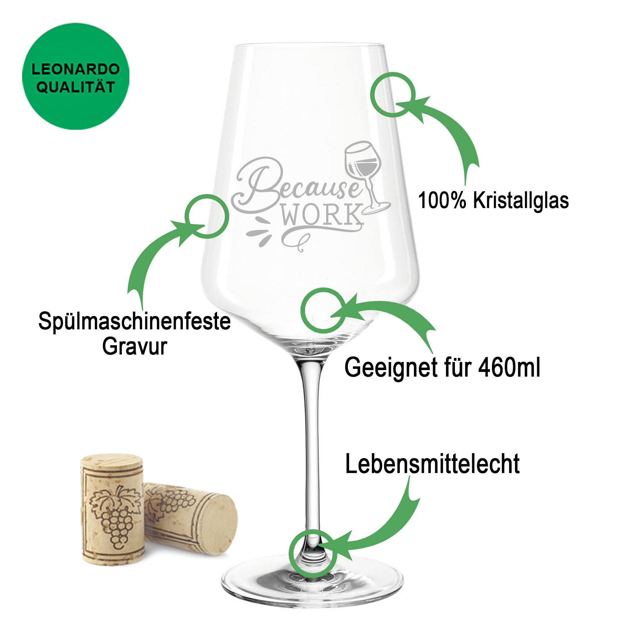 Leonardo Weinglas mit Gravur "Because Work"