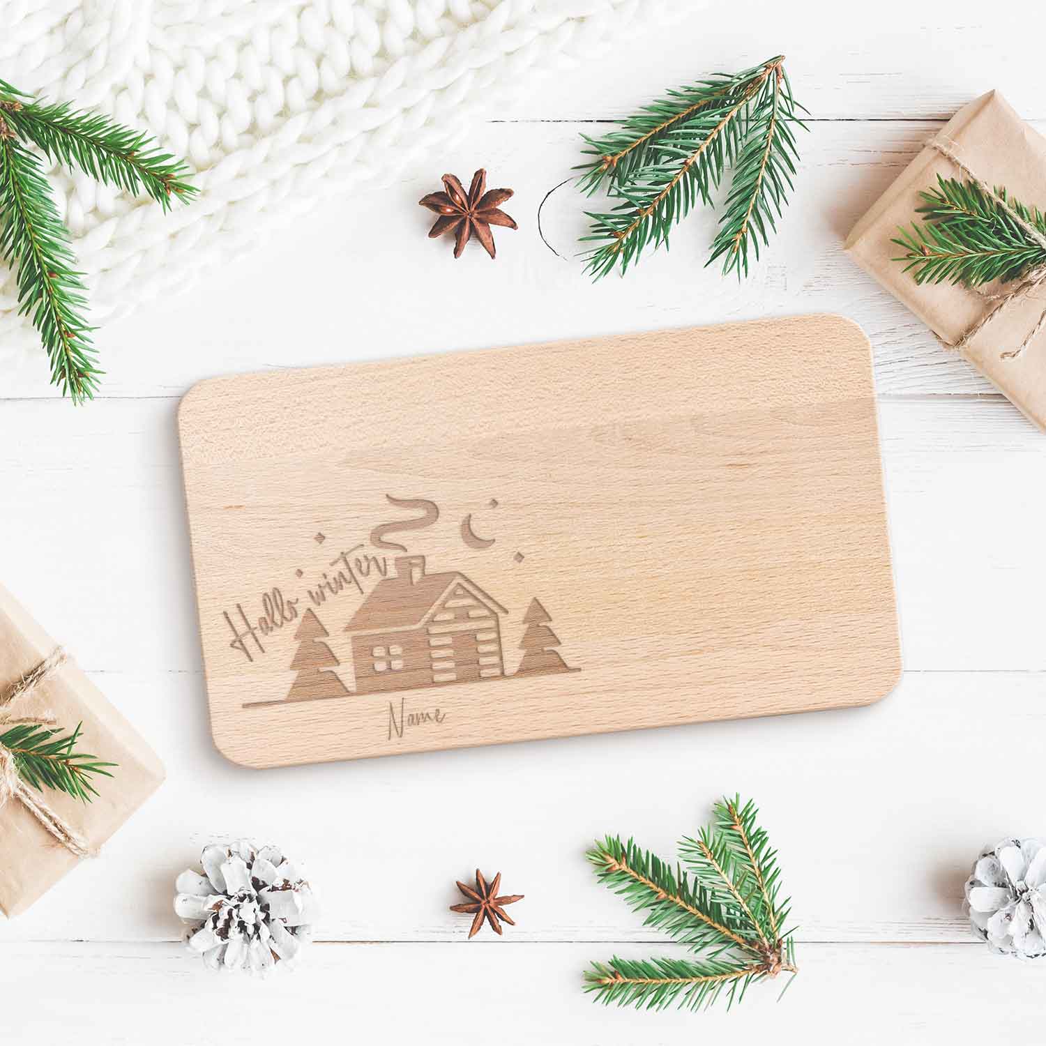 Frühstücksbrettchen aus Holz mit Gravur - Hello Winter - Personalisiert mit Name - Weihnachtsdeko