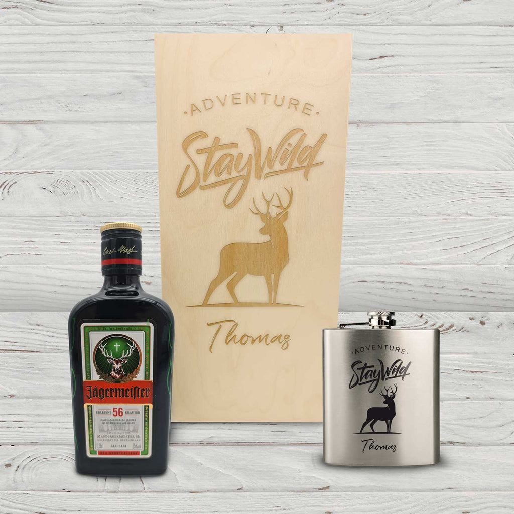 Flachmann aus Edelstahl Geschenkset - personalisiert mit Jägermeister im Set