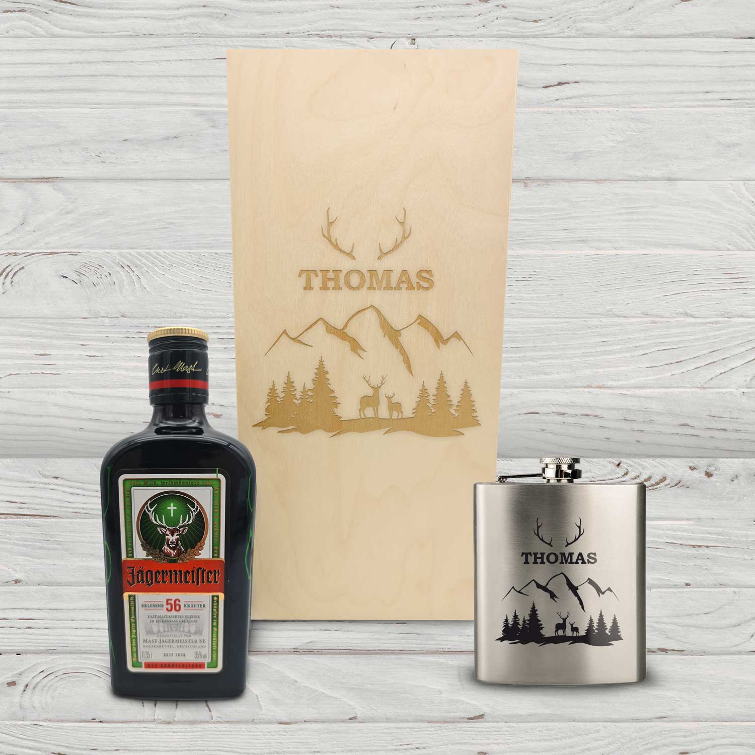 Flachmann aus Edelstahl Geschenkset - personalisiert mit Jägermeister im Set