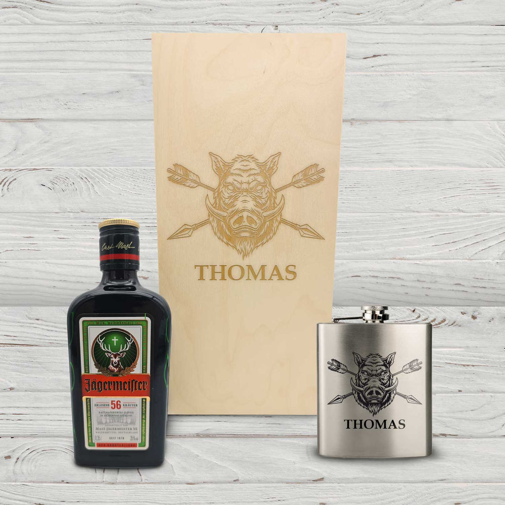 Flachmann aus Edelstahl Geschenkset - personalisiert mit Jägermeister im Set