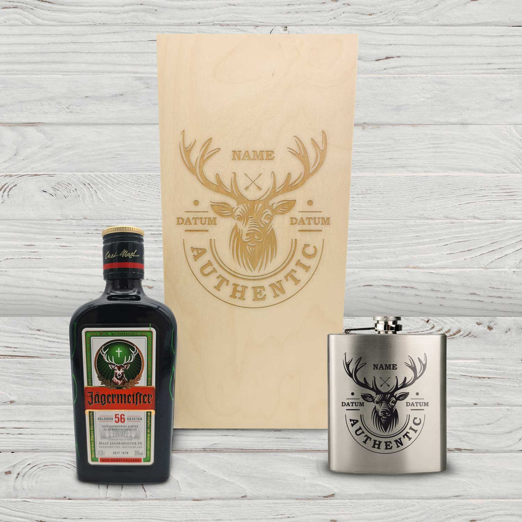 Flachmann aus Edelstahl Geschenkset - personalisiert mit Jägermeister im Set