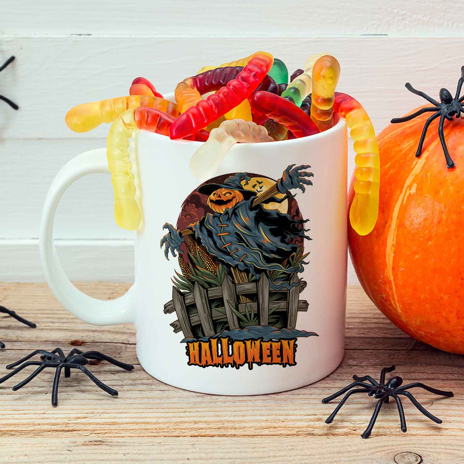 Bedruckte Tasse mit Motiv im Halloween Vogelscheuche Design
