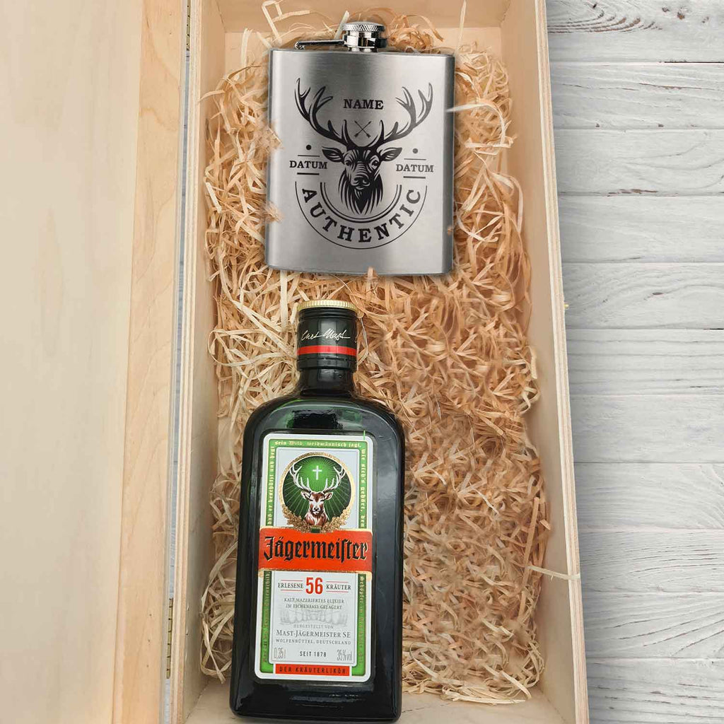 Flachmann aus Edelstahl Geschenkset - personalisiert mit Jägermeister im Set