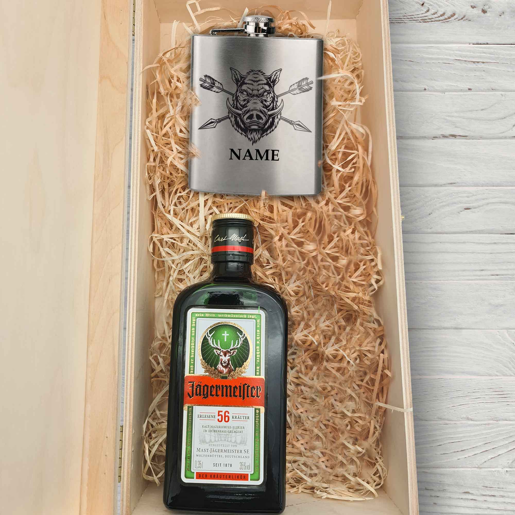 Flachmann aus Edelstahl Geschenkset - personalisiert mit Jägermeister im Set
