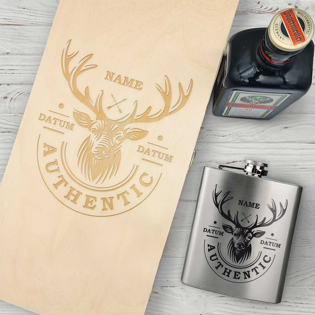 Flachmann aus Edelstahl Geschenkset - personalisiert mit Jägermeister im Set