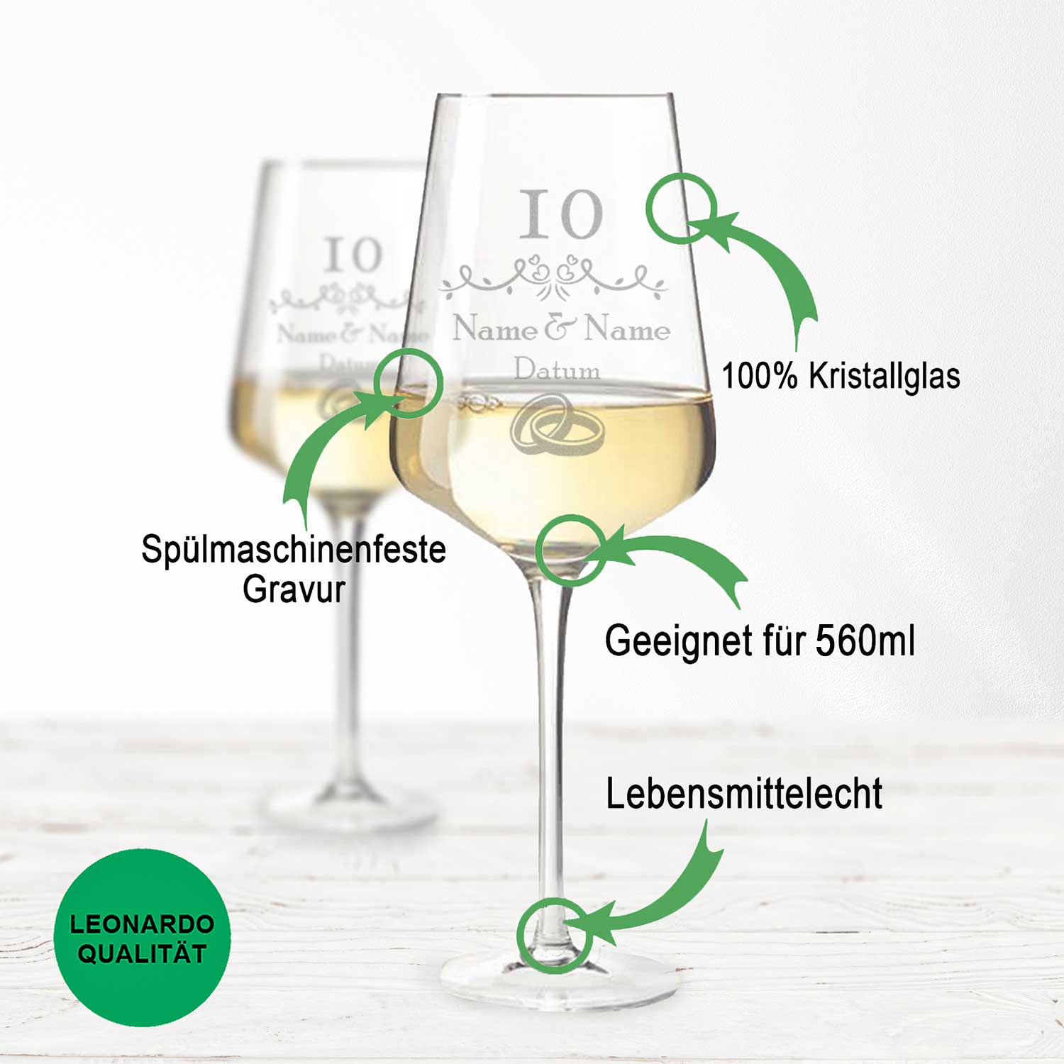 Leonardo Weingläser im "Rosenhochzeit - 10 Jahre" Design als Set