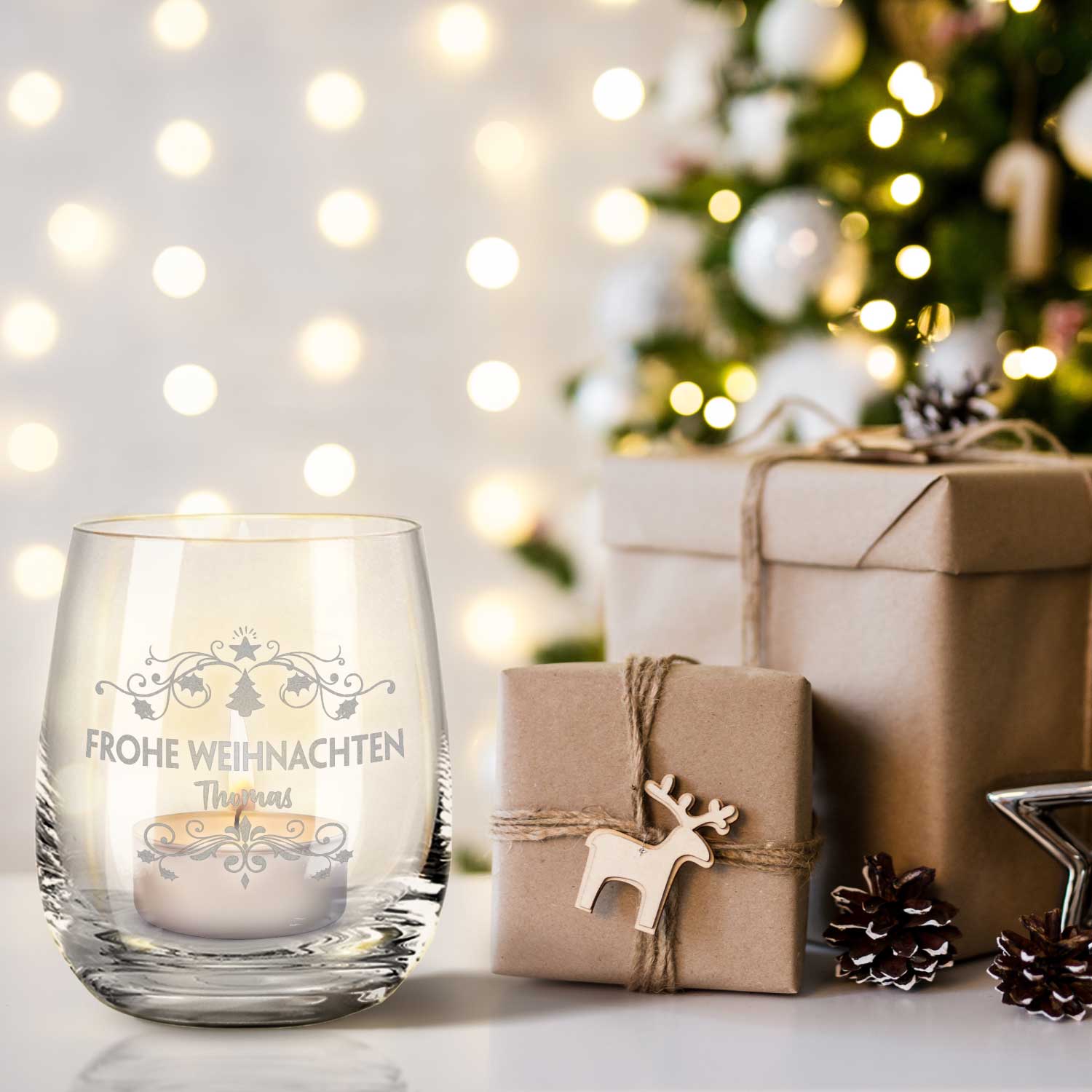 Teelicht mit Gravur - Weihnachtsdeko - Frohe Weihnachten Vintage - Personalisiert mit Name