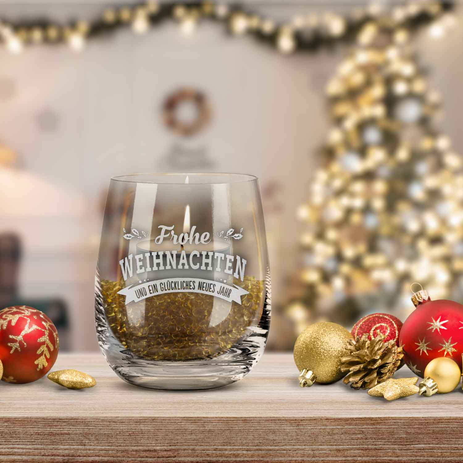 Teelicht mit Gravur - Weihnachtsdeko - Frohe Weihnachten, Glückliches neues Jahr