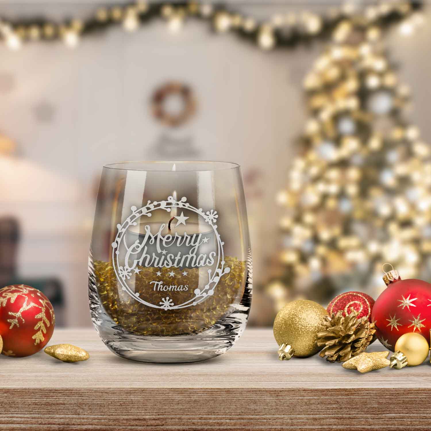 Teelicht mit Gravur - Weihnachtsdeko - Merry Christmas Round Ornament - Personalisiert mit Name